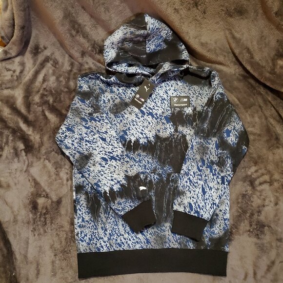 Puma BMW Motorsport Splash AOP Hoodie Black Blue Splatter Size S NWT - Picture 1 of 11